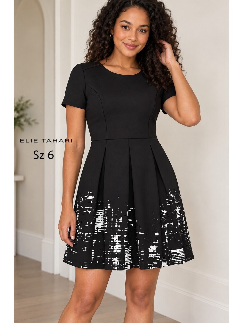 Elie Tahari | 6 | Black City Skyline Print Fit and Flare Dress